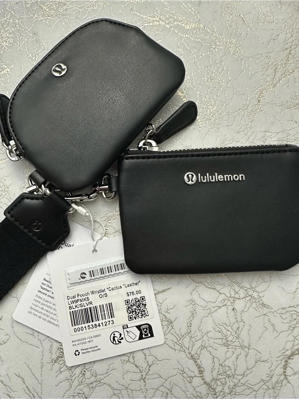 NWT! Lululemon Black Leather Dual Pouch Wristlet